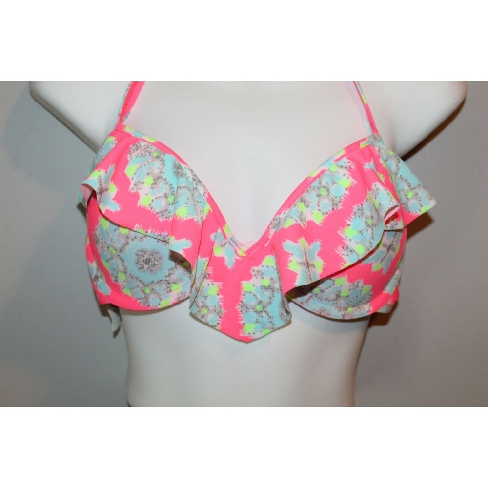 NWT Aerie Halter Bikini Top Pink Multi Colored Swim Ruffle Size 36C HW6741 - Picture 3 of 6